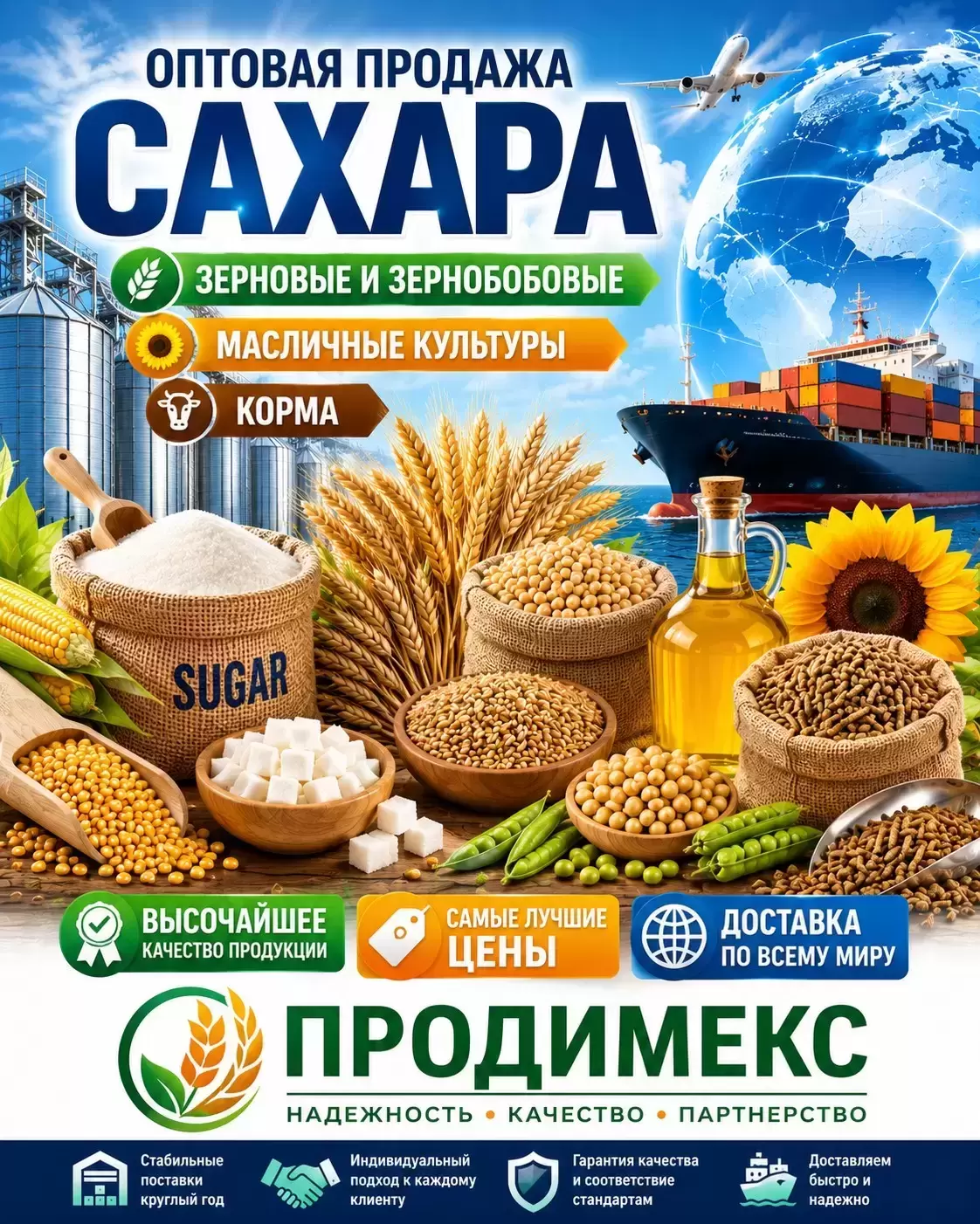 Сахар, зерновые и зернобобовые, масличные культуры, корма в объявлении 1 фото Сахар, зерновые и зернобобовые, масличные культуры, корма картинка из объявления