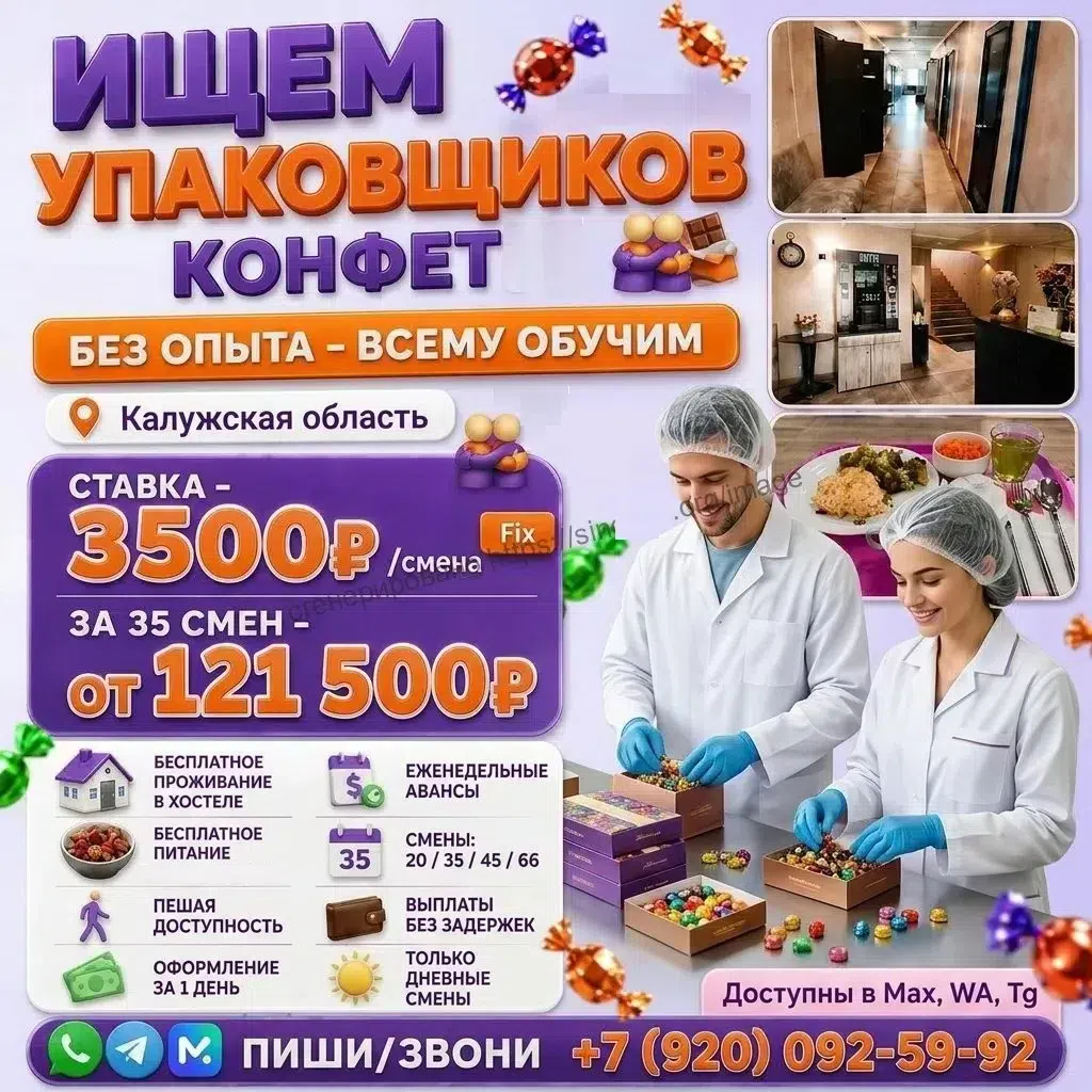 Упаковщик конфет вахта жилье питание  авансы обучение картинка из объявления