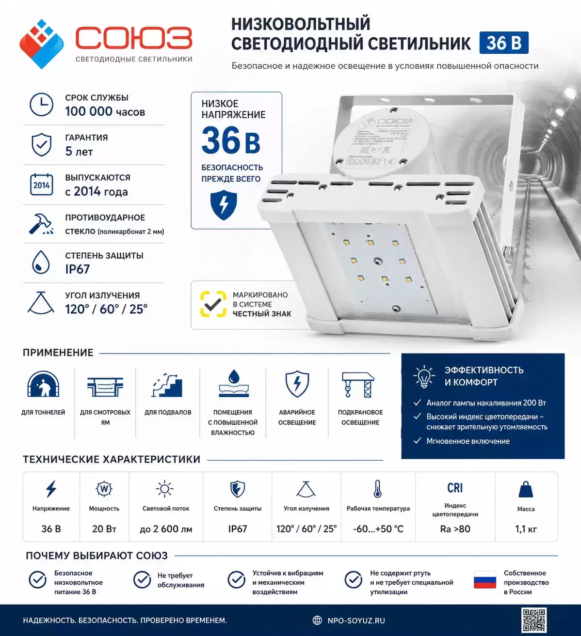 Низковольтный светодиодный светильник СОЮЗ 23-20/1-67 (36В) картинка из объявления