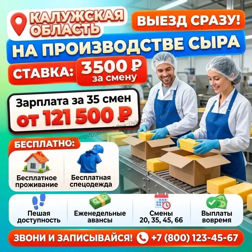 Упаковщик на производство сыров вахта в Калужской области. картинка из объявления