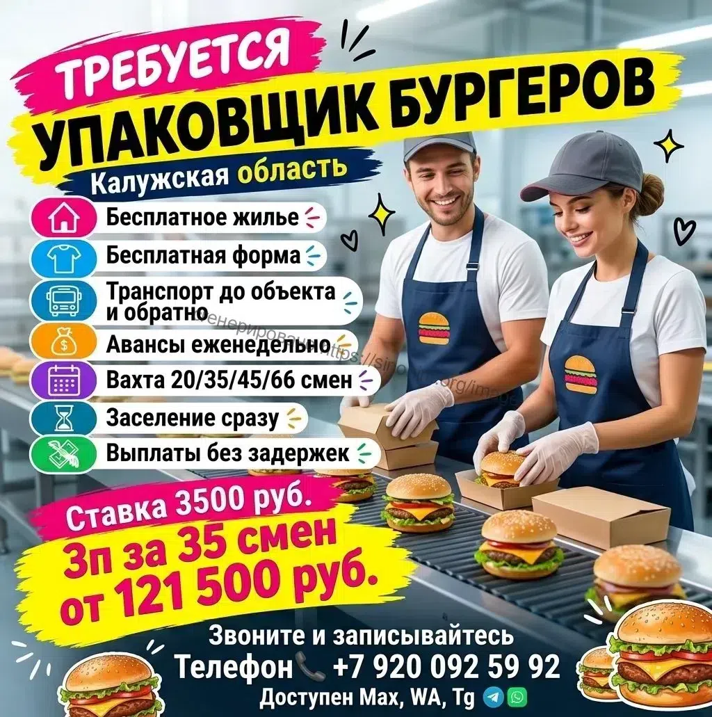 Упаковщик бургеров вахта жилье в Калужской области. картинка из объявления