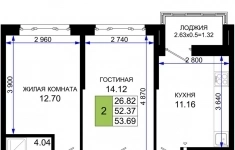 Продам 2 комнатную квартиру 53.69 м2 картинка из объявления